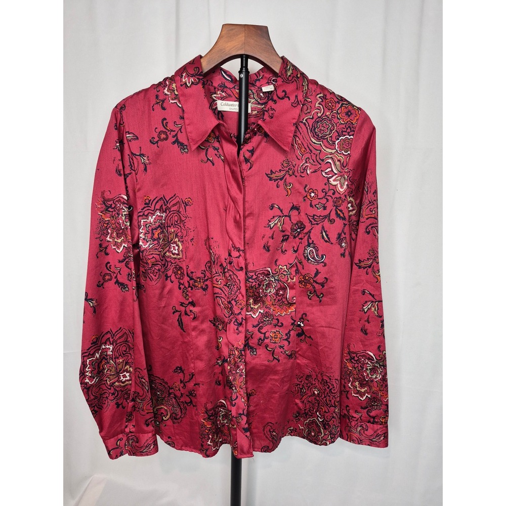 Coldwater Creek Shaped Red Paisley Floral Cotton Button Up Blouse Large Corpcore